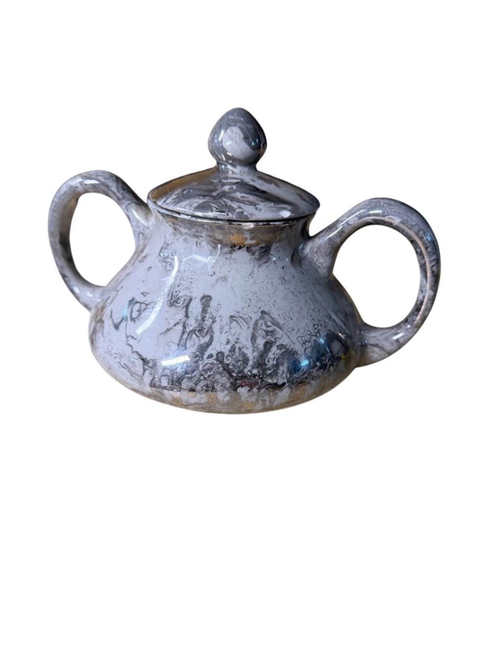 Sascha Brastoff Handmade Ceramic Sugar Bowl With Lid & Dual Handles Gray Marble